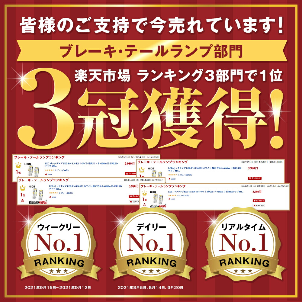 LED バックランプ LED T16 T20 S25 ホワイト 爆光 省エネ 4000lm 日本製LEDチップ 6500k HID屋 2個セット：HID屋