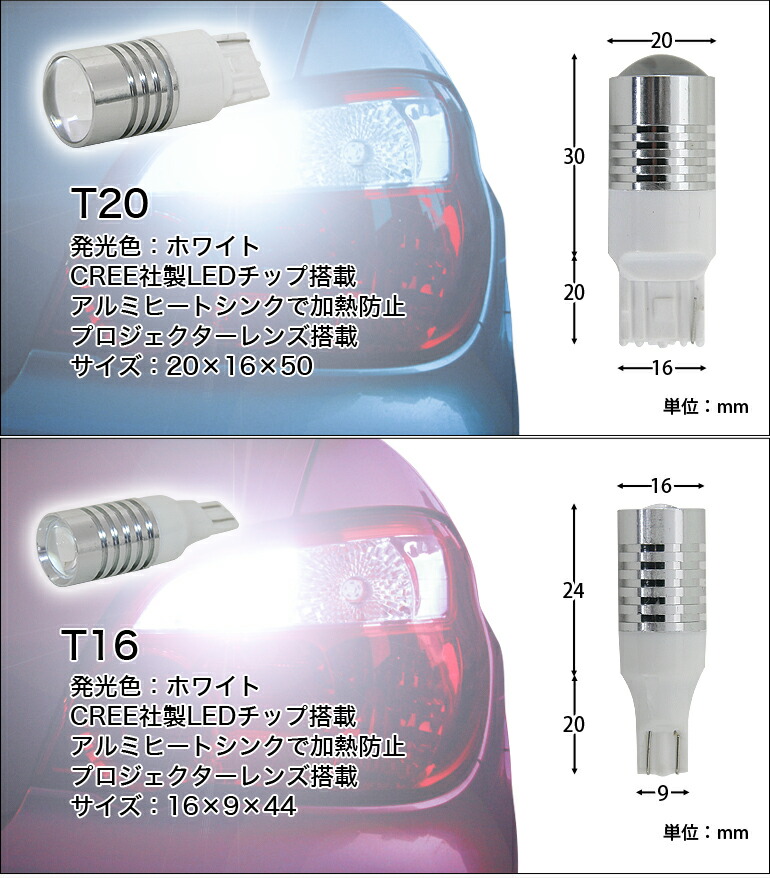 バックランプ 2個セットLED T16 T20 ウェッジ球 5W ブランドのCREE製 史上最強の高輝度 ホワイト 左右2個セット 汎用：液晶王国