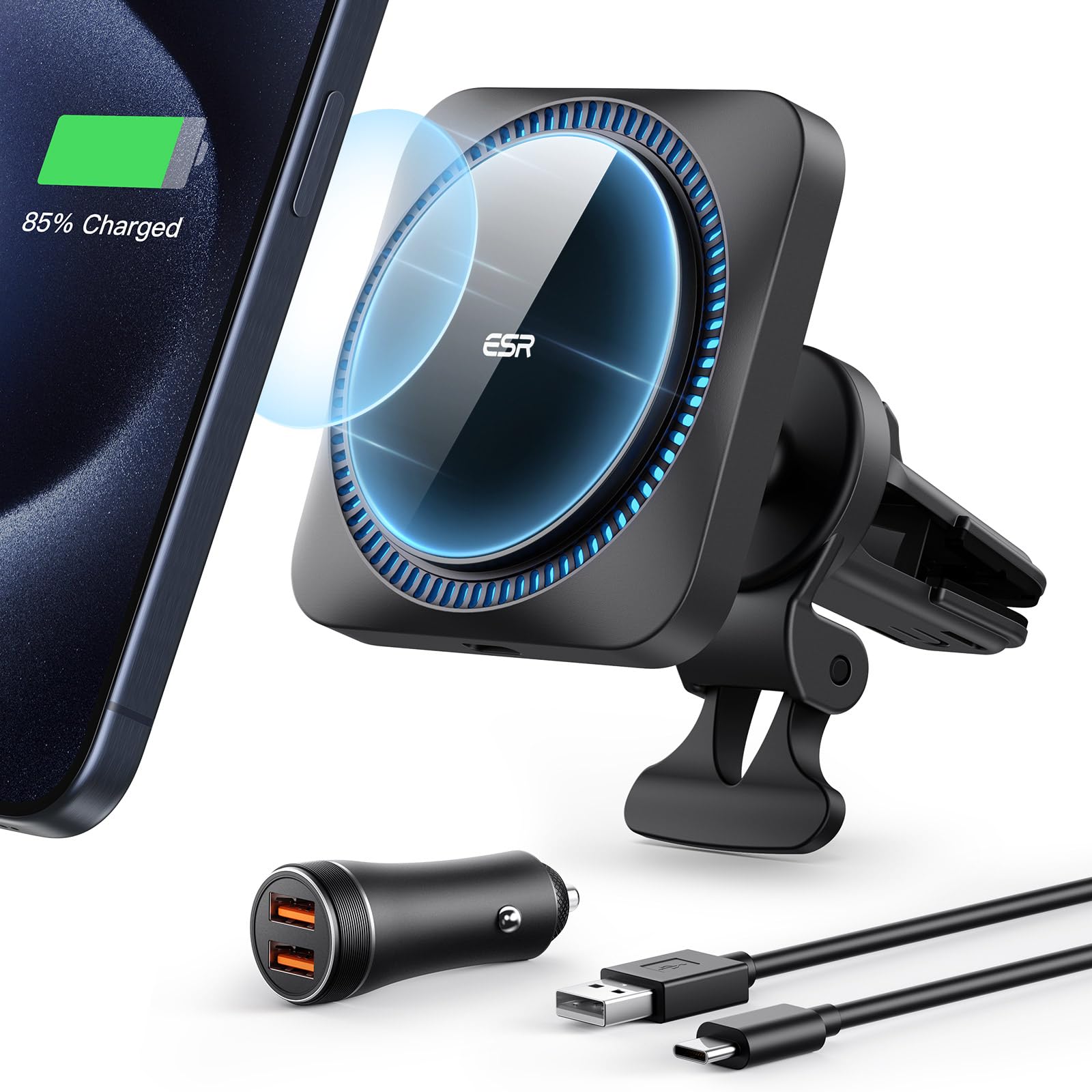 ESR HaloLock車載磁気ワイヤレス充電器 magSafe 車載 スマホホルダー ワイヤレス充電器 CryoBoost 冷却ファン付き スマホホルダー ワイヤレス充電器