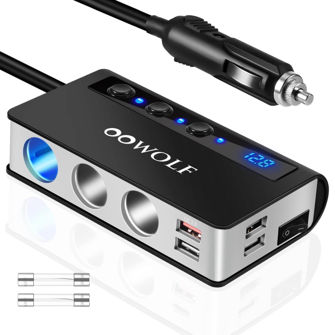 OOWOLF シガーソケット 3連 4ポート付き USB充電器 最大180W スマートIC 急速充電 増設 カーチャージャー