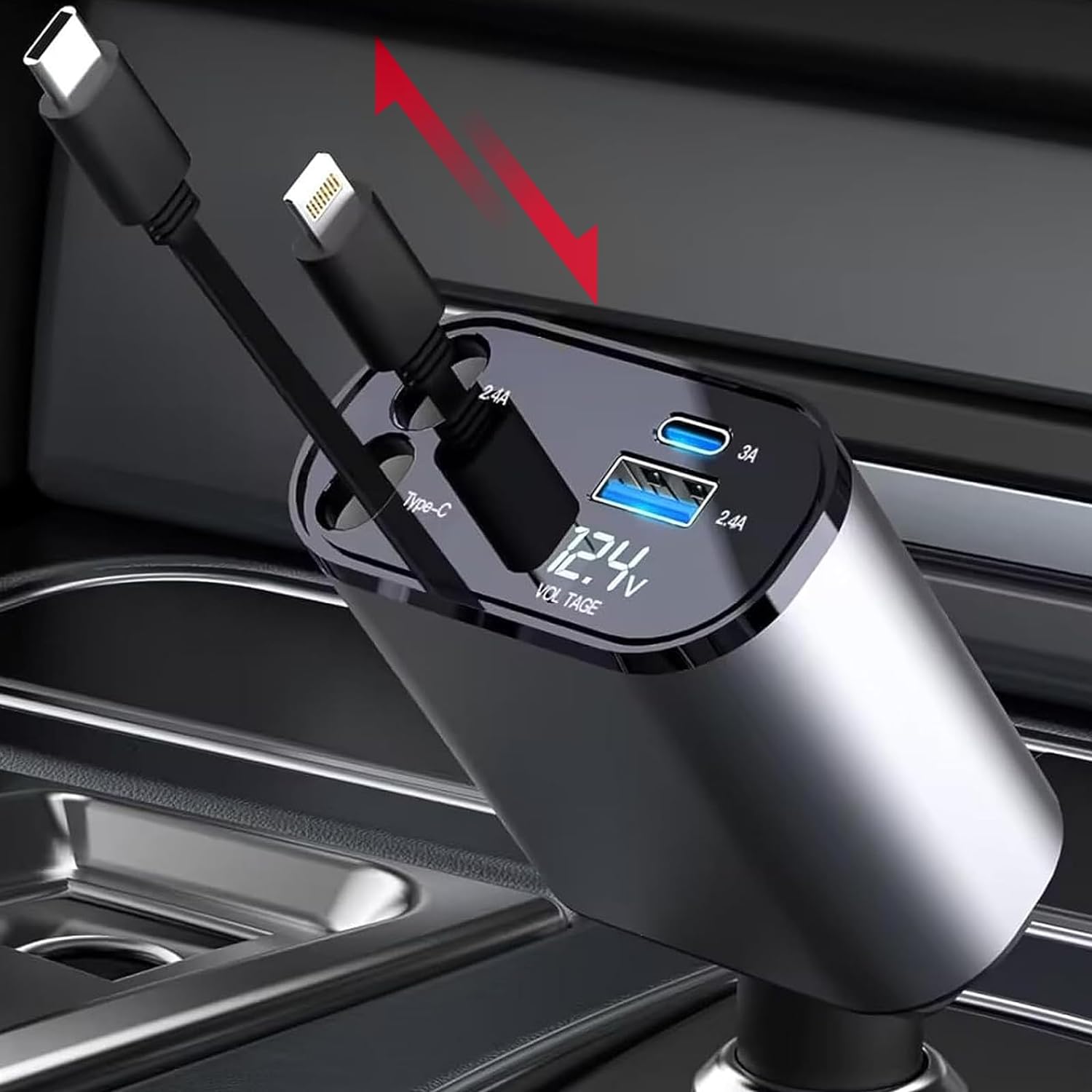 シガーソケット QC 充電器 車 巻き取り 充電 iPhone カーチャージャー 車載 急速充電 リール 充電 スマホ アイコス イルマ カーシェア usb 災害 震災 変換 増設 lighting 急速 アップル Apple Watch ：モノバイス