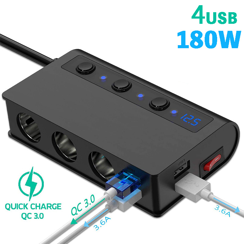 シガーソケット 3連180Wカーチャージャー シガレットライターソケット付き 7ポート給電 車載充電器 12-24V対応 USBポート4口付 車用増設ソケット 分配器 スマートIC搭載